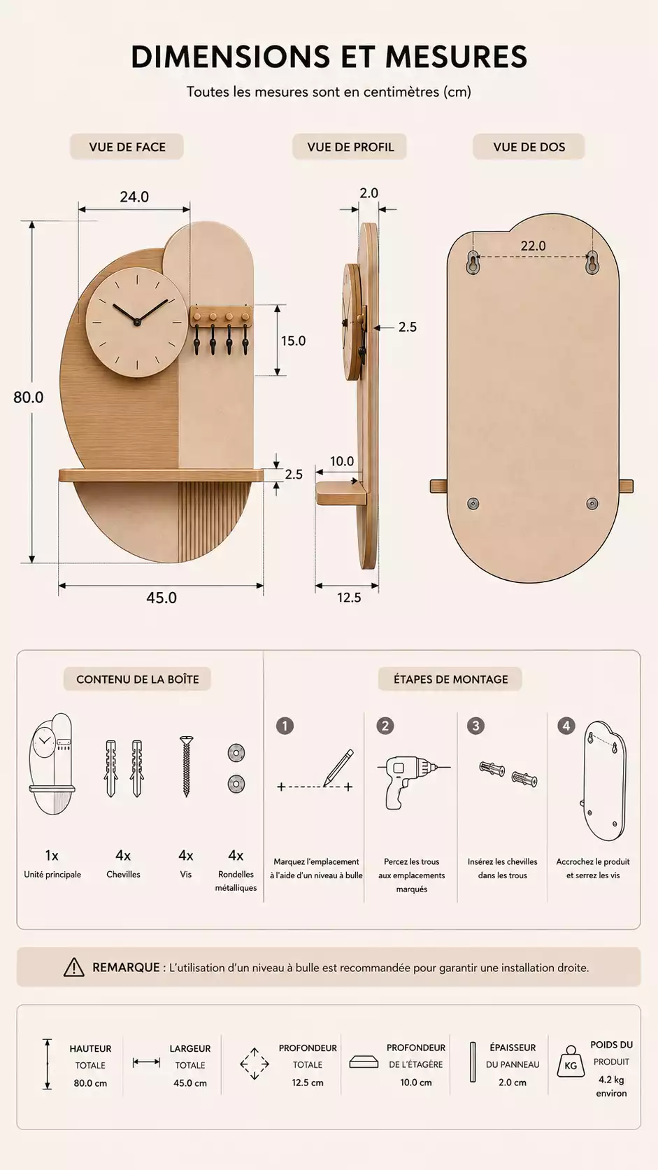 Schéma technique montrant les dimensions de l'étagère intelligente : largeur 45 cm, hauteur 80 cm, profondeur 14 cm
