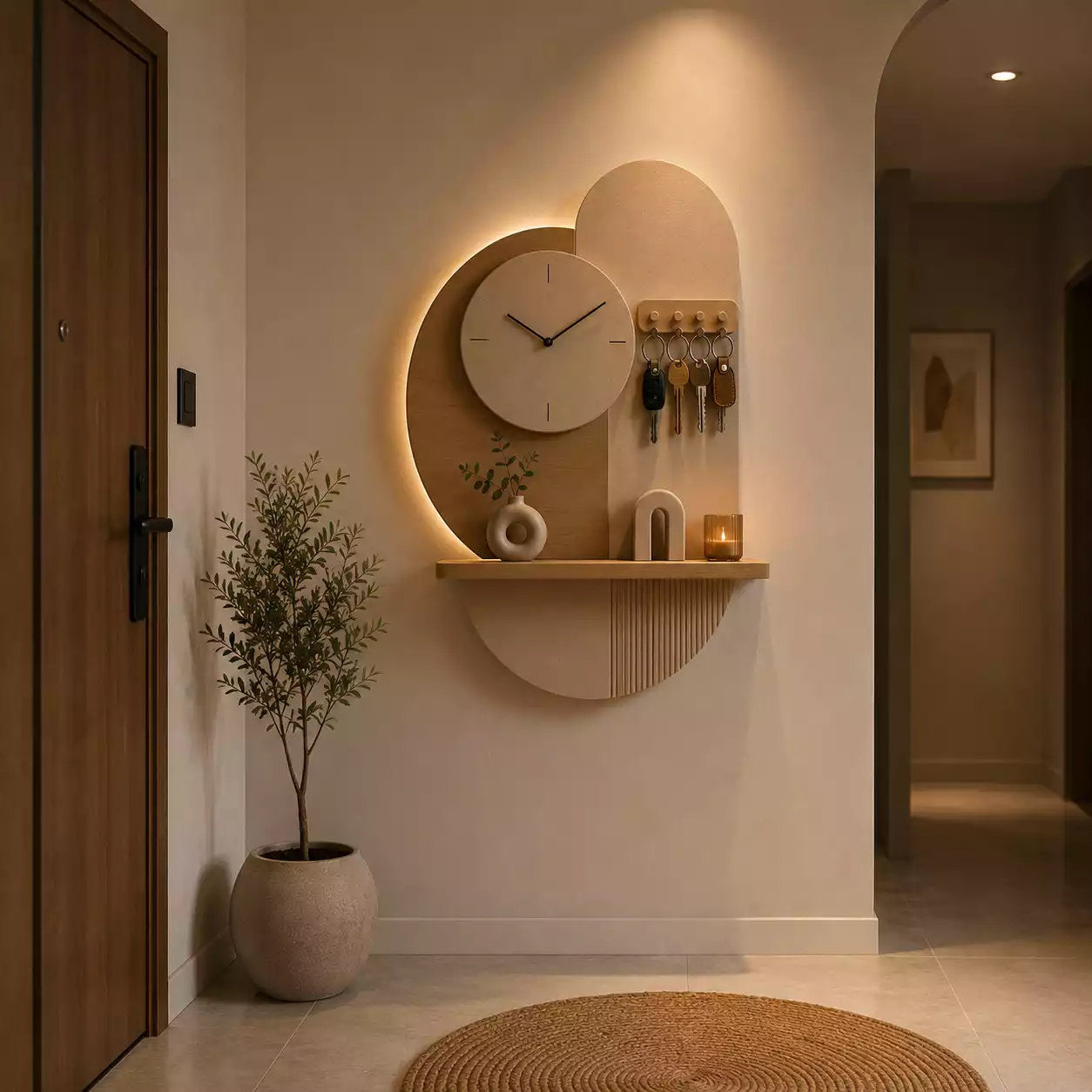Étagère murale intelligente avec horloge, porte-clés et éclairage LED, installée à l'entrée de la maison
